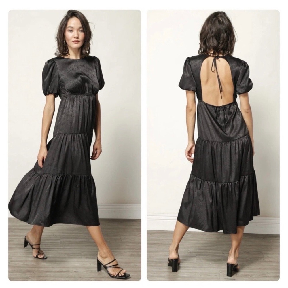 Line and‎ Dot Valerie Black Tiered Open Back Midi Dress Puff Sleeve Satin M